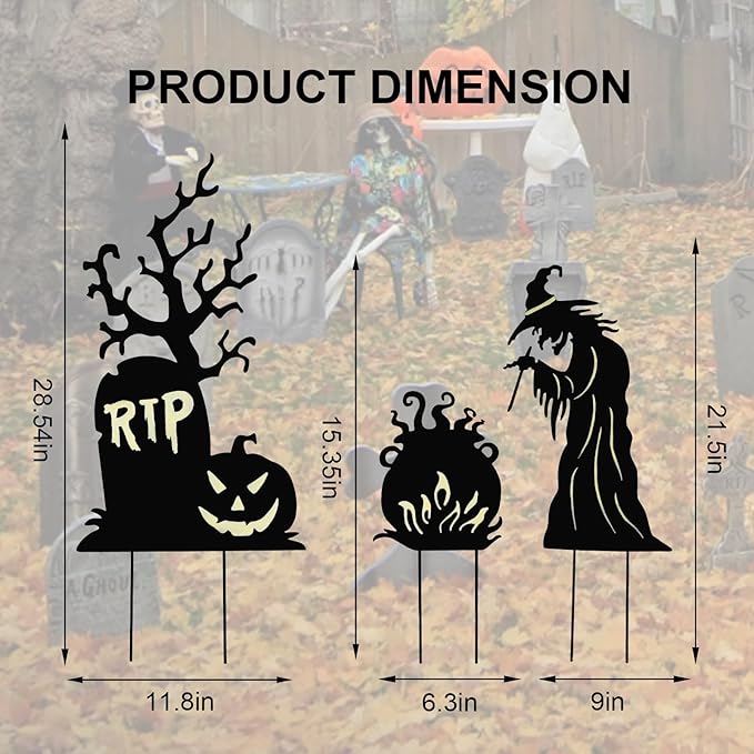 Halloween Yard Signs Outdoor Decorations，3 Pack Warerproof Scary Witch Tombstone Cauldron Fluorescent Metal Stakes Glow in The Dark for Lawn Garden Halloween Decor (Witch Tombstone Cauldron)
