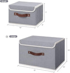 ANMINY 2PCS Storage Bins with Lid PU Leather Handles Storage Boxes PP Plastic Board Decorative Foldable Lidded Cotton Linen Fabric Home Cubes Baskets Closet Organizer Containers - Gray, Large Size