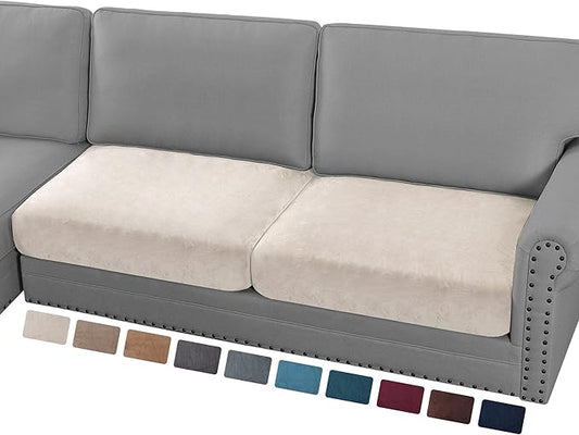 PrinceDeco Velvet Couch Cushion Cover Soft Stretch Cushion Slipcover for Chair Loveseat Sofa Cushion Furniture Protector Seat Cushion Sofa Cover (2 Piece Large Sofa Cushion Covers, Ivory)