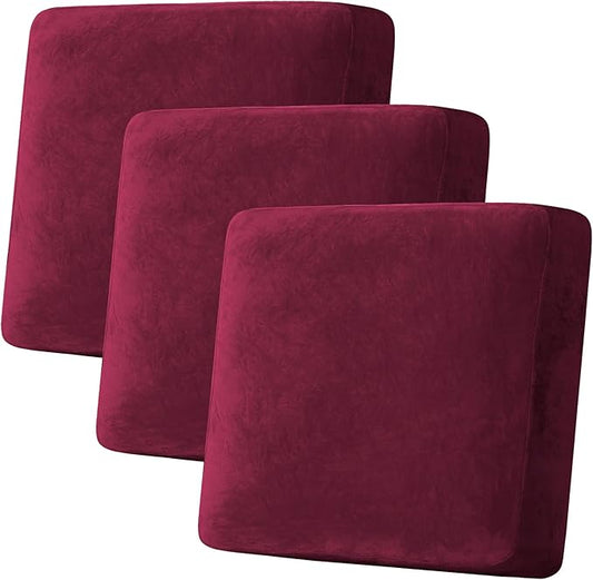 H.VERSAILTEX Velvet Stretch Couch Cushion Cover Plush Cushion Slipcover for Chair Loveseat Sofa Cushion Furniture Protector Seat Cushion Sofa Cover (3 Piece XL Sofa Cushion Covers, Burgundy)