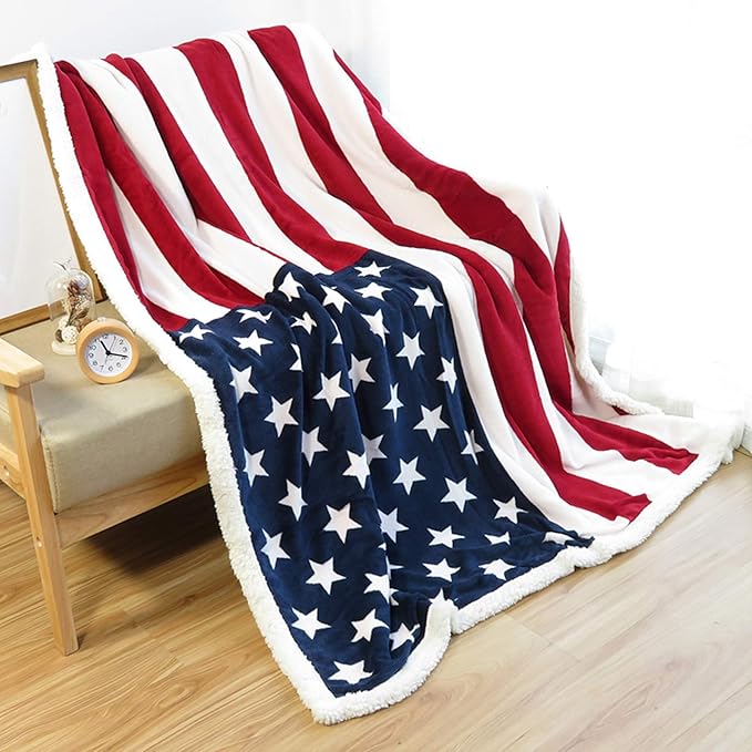 UKELER US Flag Patriotic Sherpa Throw Blanket 50''×60'', American National Flag Fleece Blanket for Bed/Couch/Sofa/Office/Camping, USA Military Veteran July 4th Gift