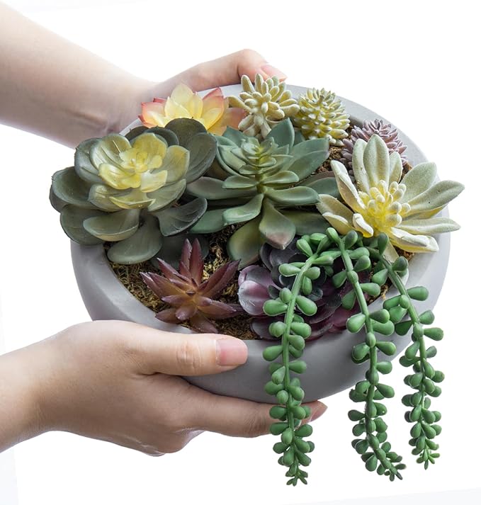 MyGift 8 Inch Round Modern Artificial Succulent Arrangement Potted in Gray Concrete Plant Bowl, Assorted Faux Mini Succulents in a Decorative Planter Pot