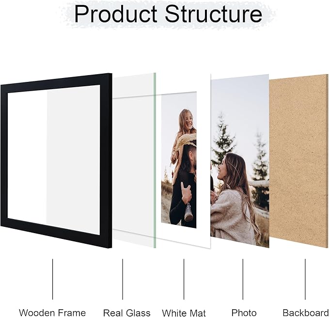 12x12 Picture Frame Set of 4, 12 x 12 Wood Photo Frames with Mat for 10x10 or 30x30cm Diamond Painting Art, Wooden Frame with Real Glass Cover for Wall and Tabletop Display,Black