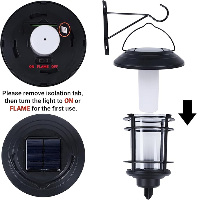 Dynaming Solar Flame Wall Lanterns, Outdoor Solar Wall Hanging Lights, Flickering Flame LED Lights Auto On/Off Wall Mounted Sconce Lights with Hooks, Waterproof for Garage Stair Patio Porch, 2 Pack