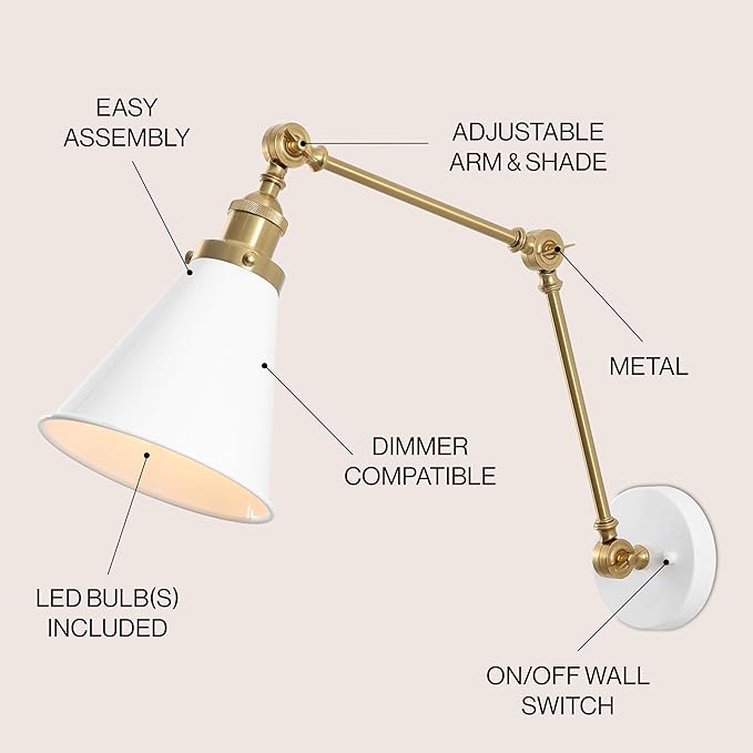 JONATHAN Y JYL7462B Rover 7" Classic Industrial Metal Adjustable Arm LED Wall Sconce, White/Brass Gold for Bedroom, Bathroom, Vanity