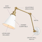 JONATHAN Y JYL7462B Rover 7" Classic Industrial Metal Adjustable Arm LED Wall Sconce, White/Brass Gold for Bedroom, Bathroom, Vanity