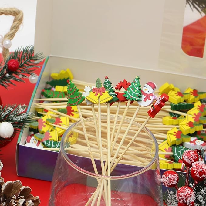 Christmas Cocktail Picks Toothpicks Fruit Dessert Sticks Food Sandwich Appetizer Charcuterie Skewers for Xmas Tree Snowman Elk Snowflake Christmas Decorations Themed Party Supplies, 5", 100 Count