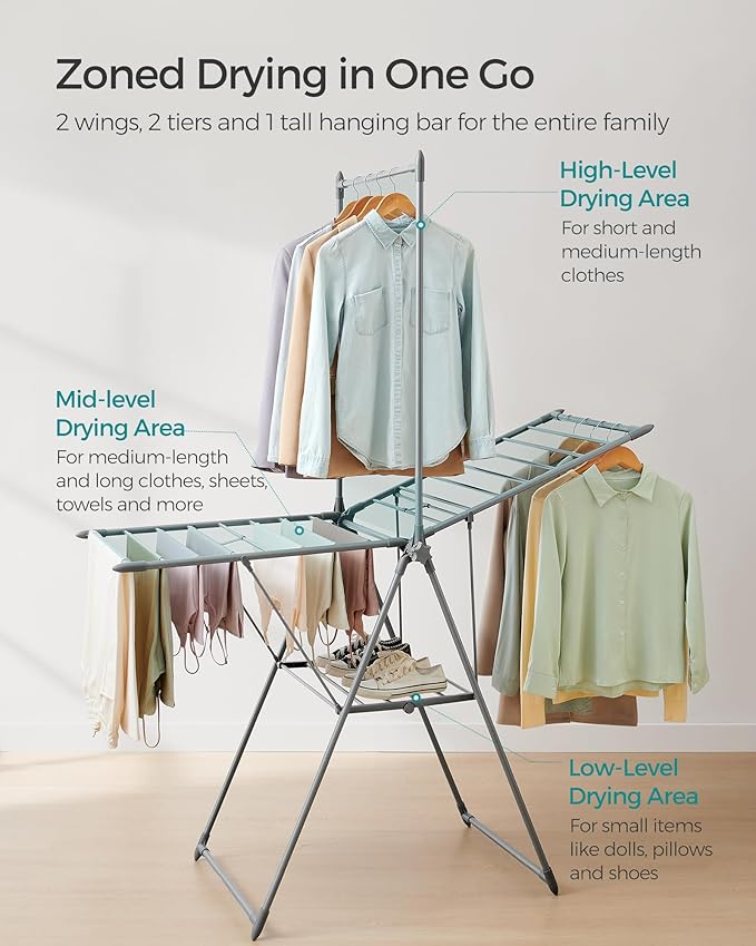 SONGMICS Clothes Drying Rack, Foldable 2-Level Laundry Drying Rack, Free-Standing Airer, 1 Additional Tall Hanging Bar, 2 Height-Adjustable Wings, 24 Drying Rails, Space Savng, Gray ULLR521G01