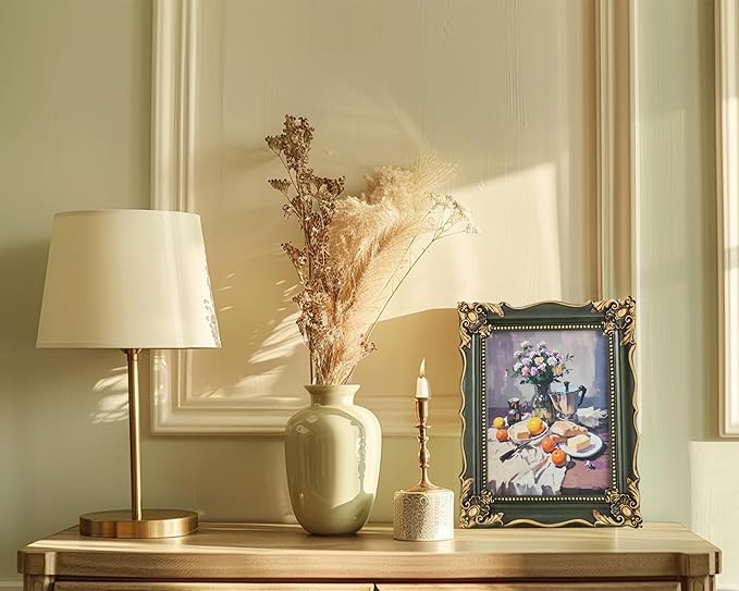 8x10 Vintage Picture Frame with Embossed Flower Design, Green Ornate Frame for 8x10 or 5x7 Pictures with White Mat, Hand-Crafted Resin Antique Frames for Tabletop & Wall Hanging, Home Decor (Green )
