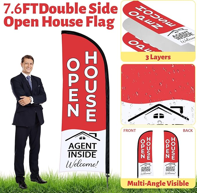 44 Pcs Open House Signs for Real Estate Agent Supplies, Double Sided Open House Flag with Poles Kit, 7.6 x 5.4 Ft Red Opening Sign Banner Set, 5 Pack Yard Signs with Metal Stakes 30 Balloons