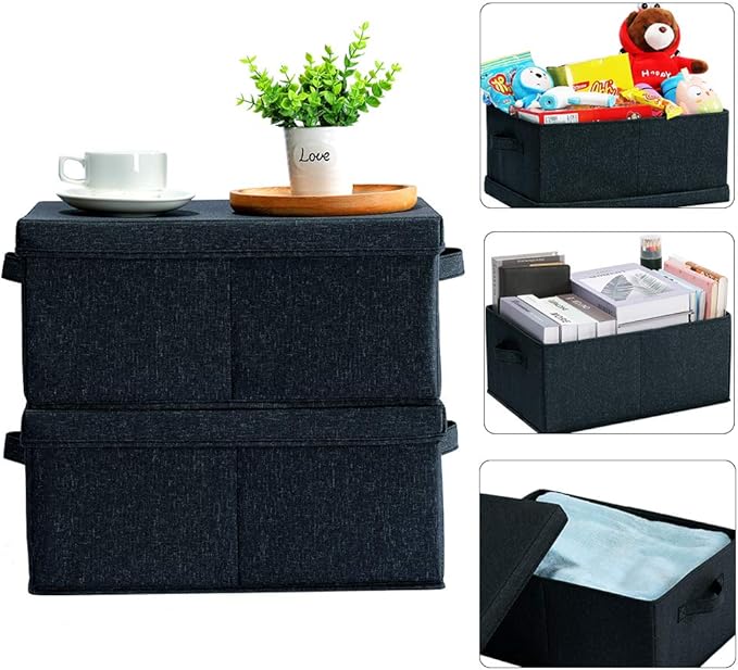 HOONEX Linen Foldable Storage Bins with Lids, 2 Pack, Storage Boxes with Carrying Handles and Sturdy Heavy Cardboard, 16.5" L x 11.8" W x 7.5" H for Shoes, Books, Clothes, Nursery, Dark Grey