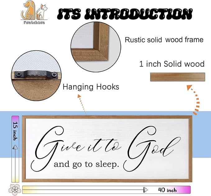Give It To God And Go To Sleep Sign Wall Decor 40x15 Inch Large Farmhouse Master Bedroom Above Bed Hanging Wall Art Rustic Guest Room Wood Framed Over Bed Wall Decoration (Wood White)