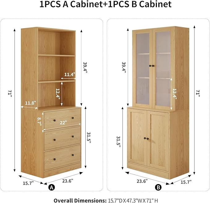 TUSY 71" Bookshelf Bookcase, 3-Tier Modern Bookshelves 3 Large Drawer, Wood Filing Cabinet with Open Storage Shelf, Glass Doors 5-Tier Fixed Storage Shelves for Home Office (Wood)