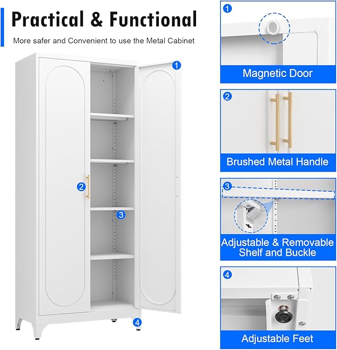 Metal Storage Cabinet with Doors and Shelves, 75 Inch Tall Kitchen Pantry Cabinet, Pantry Cabinets for Kitchen Storage, Freestanding Cupboard for Living, Dining Room, White, Assembly Required