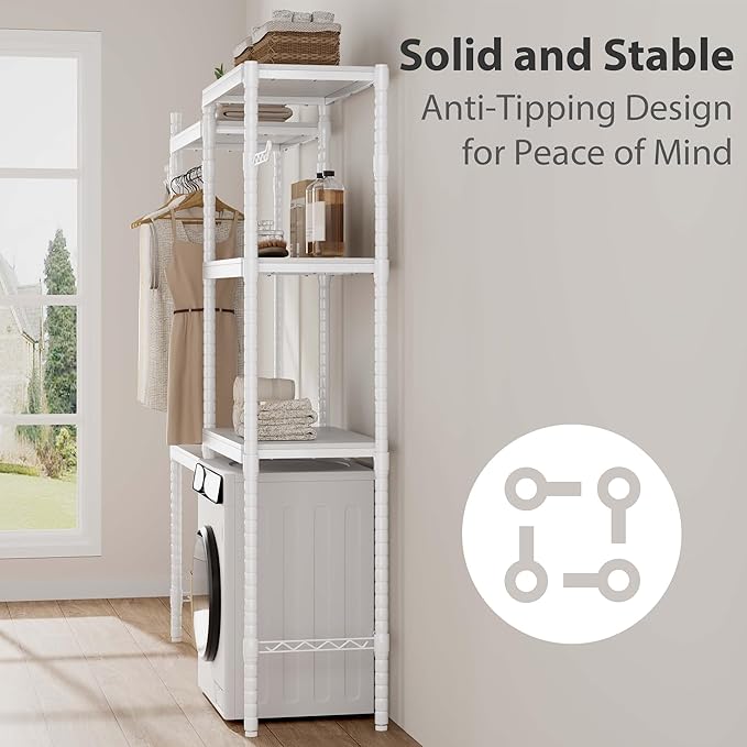 Double Row Over Washer and Dryer Storage Shelves, Laundry Room Organization and Storage, Heavy Duty Laundry Room Shelves, with Adjustable Height, 5-Tier