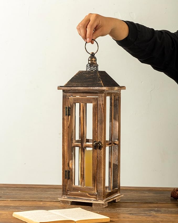 Large Farmhouse Wooden Decorative Lantern Set of 2, Rustic Distressed Brown Burnt Wood Floor Candle Lanterns, Indoor/Outdoor Hanging Lanterns for Home Decor (No Glass)