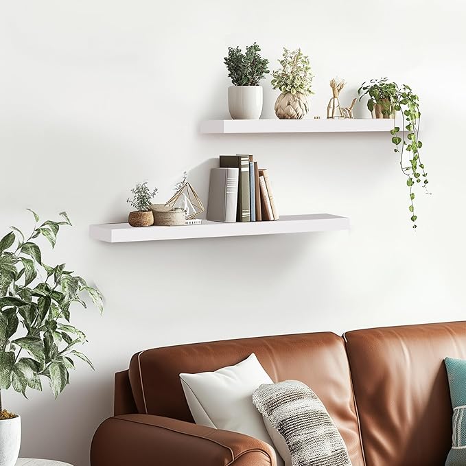 Floating Wall Shelves 2-Pack - 24-Inch Rustic White Wooden Shelves for Storage and Décor, Easy Installation for Living Room, Bedroom, and Kitchen