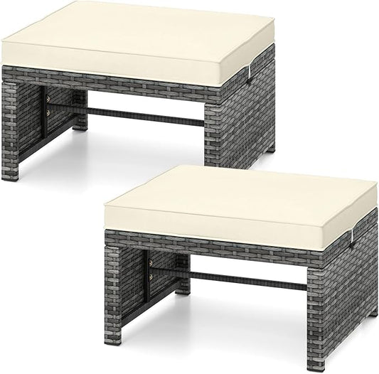 Tangkula 2 Pieces Patio PE Rattan Ottomans, Multipurpose Outdoor Footstool Footrest Additional Seating Side Table with Soft Zippered Cushions for Deck, Garden, and Yard (White)