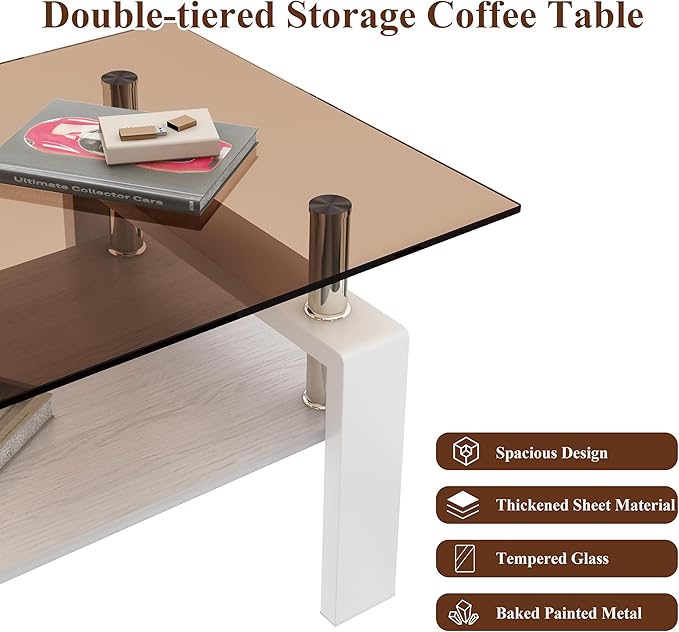 Glass Coffee Table Rectangle Living Room Center Table, with Brown Tempered Glass Tabletop and White MDF Layer,for Living Room and Office, Brown+White