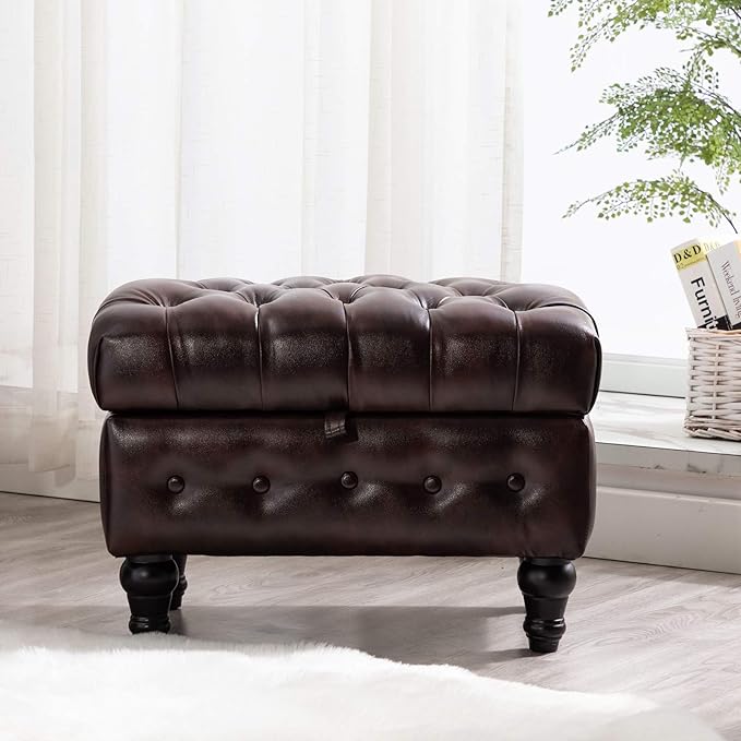 Artechworks Coffee Table Ottoman with Storage,Button Tufted PU Leather Upholstery Footstool Bed Ottoman for Living Room, Home Office, Space-Saving Storage Toy Box Stool, Brown