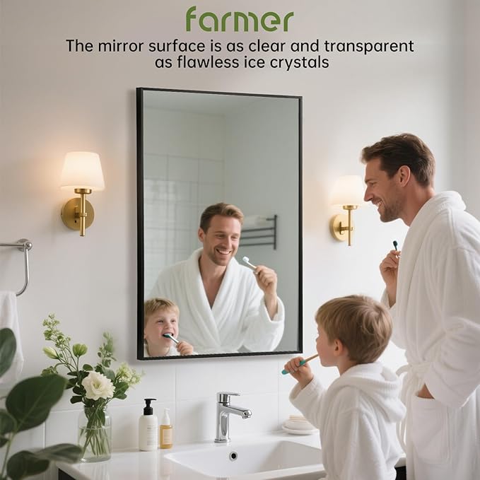 FARMER 24x36 Inch Black Bathroom Mirror, Rectangle Wall Mounted Mirror, Vanity Mirror, Brushed Square Mirror, Framed Bathroom Mirror for Bedrooms, Entryways, Living Rooms, Horizontal/Vertical