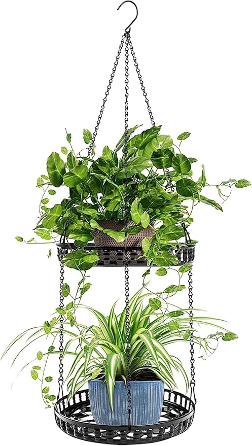 Plant Hanger Indoor Outdoor, 2 Tier Hanging Planter Plant Shelf, Metal Hanging Plants Holder for Indoor Outdoor Plants