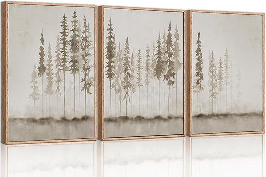 HPINUB Misty Forest Framed Canvas Wall Art Set, Foggy Pine Tree Wall Decor, Pastel Nature Landscape Wall Painting, Evergreen Coniferous Plant Art Print for Living Room, Bedroom, Office-24 x36 x3