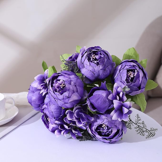 Duovlo Artificial Peony Silk Flowers Fake Flowers Vintage Wedding Home Decoration,Pack of 1 (Medium Purple)