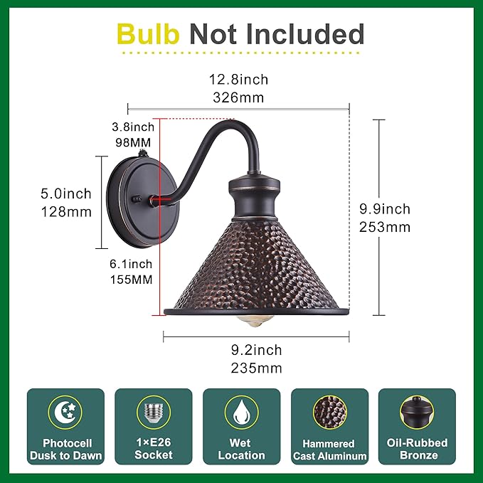 Dusk to Dawn Outdoor Gooseneck Wall Sconce with Dark Sky Cast Hammered Aluminum Shade in Oil Rubbed Bronze Finish,Anti-Rust Waterproof Outdoor Light for Farmhouse Porch Garage,1-Light E26