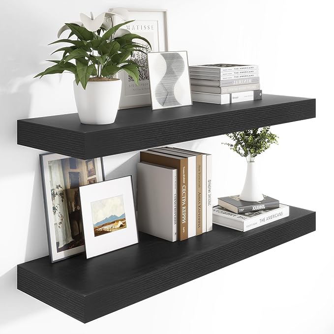 Heimlove 12 Inch Deep Floating Shelves, 48 x 12 inches Long Wall Shelf, Large Display Shelf & Storage Shelf, Rustic Wood Wall Shelves for Fireplace Mantel, Set of 2(Black)
