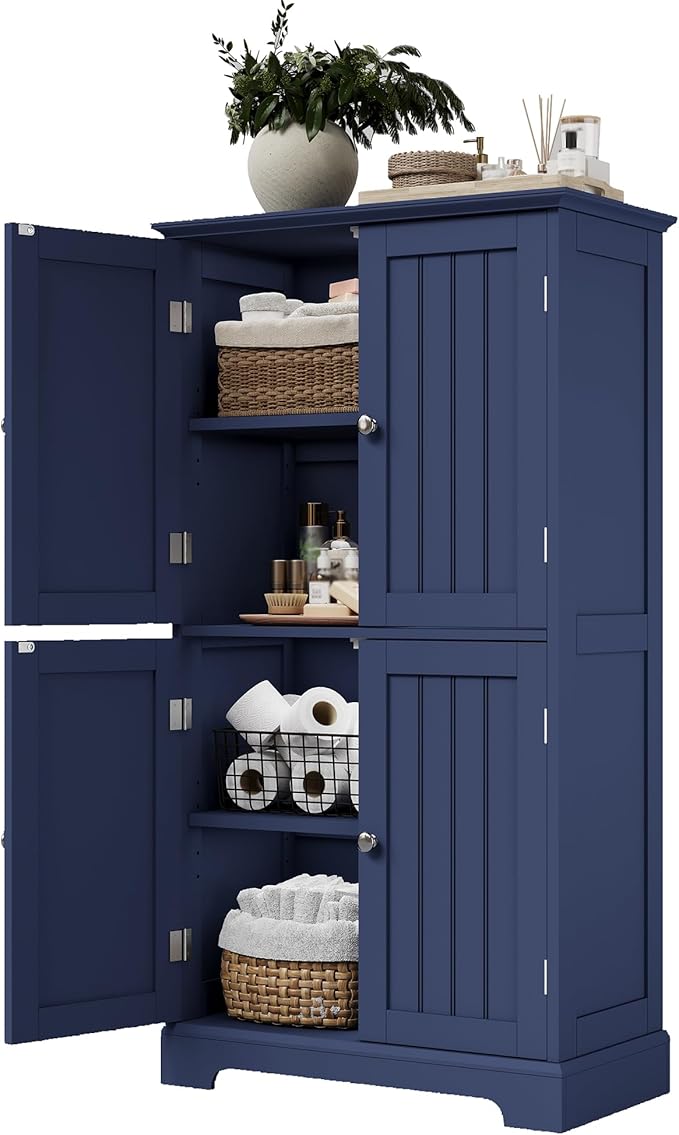 ChooChoo Bathroom Floor Cabinet, Modern Bathroom Storage Cabinet with 4 Doors and Adjustable Shelves, Freestanding Cupboard for Living Room, Navy Blue