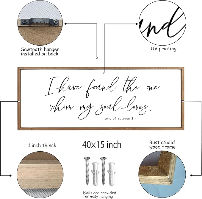 I Have Found The One Whom My Soul Loves Sign Wall Art Decor 40"x15" Modren Master Bedroom Above Bed Wood Framed Song of Solomon 3:4 Large Living Room Bible Verse Wall Hanging (Wood)