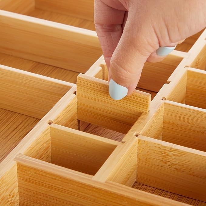Juvale Drawer Organizer Tray - 14 x 10 x 2 In Brown Bamboo - 8 Adjustable Dividers for Custom Storage - Silverware & Utensil Organizer - Desk Drawer Divider - Versatile Wooden Divided Tray