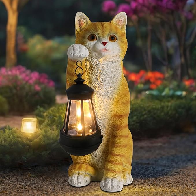 Solar Powered Outdoor Cat Garden Statue, Crafted Garden Sculptures & Statues for Patio, Yard, Lawn, Gardening Gifts for Women and Mom(11" Cat)