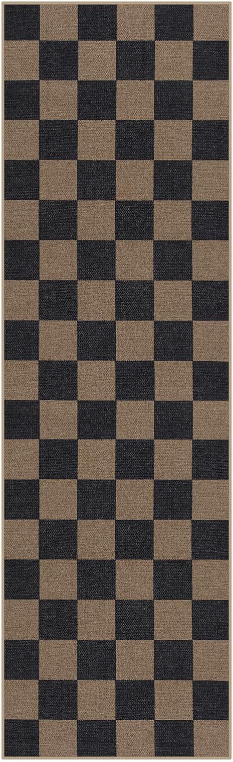 Lahome Checkered Easy Jute 2x8 Runner Rug, Washable Kitchen Runner Rug Non Slip for Entryway Indoor, Checkerboard Black Indoor Outdoor Carpet for Hallway 8ft Entry Laundry Porch