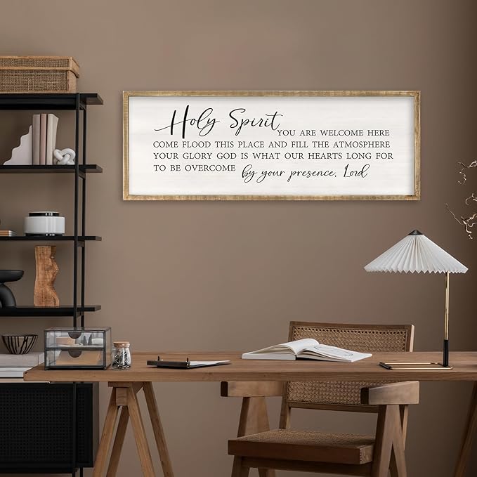 Holy Spirit You are Welcome Here Wall Decor Art 32x12 Inch Large Christian Song Bible Verse Plaque Wood Framed Sign Living Room Scripture Quote Religious For Office Wall Hanging (Wood)