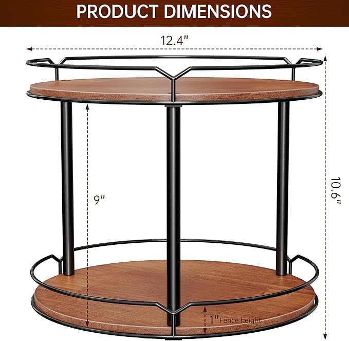12.4" Lazy Susan Organizer 2 Tier - Rotating Spice Rack, Wooden Spinning Spice Holder for Inside Cabinet, Pantry, Kitchen, Countertop, Bathroom and Vanity, Versatile Storage