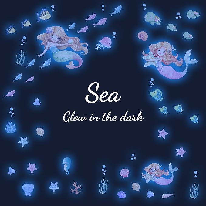 Glow in The Dark Stars Mermaid Wall Decals, Turtle Ocean Fish Stickers for Ceiling, DIY Wall Decor for Nursery Playroom Living Room, Birthday Christmas Gift