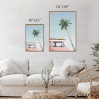 Tinonedraw Large Ocean Beach Framed Canvas Wall Art, Summer Coastal Surfboard Wall Decor, Palm Tree Pink Car Artwork, Modern Surfing Seascape Art Prints for Living Room Bedroom Office 24"x36"x3