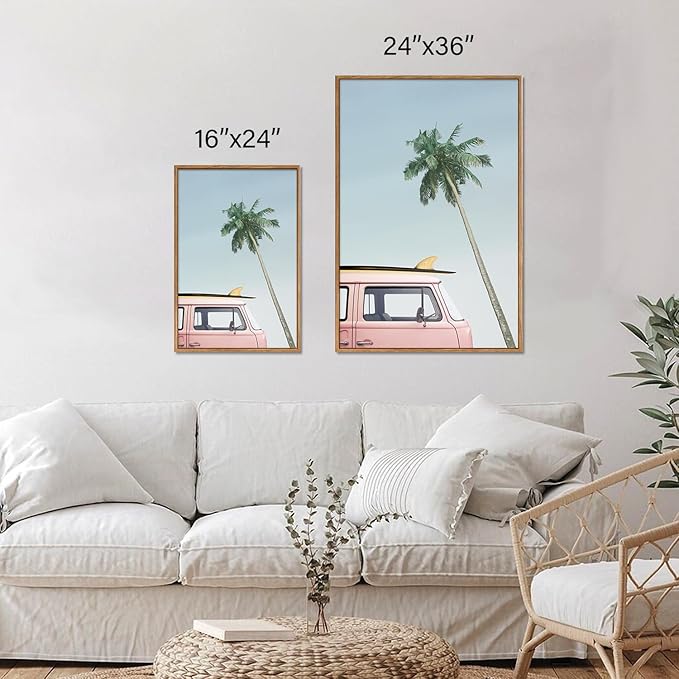 Tinonedraw Large Ocean Beach Framed Canvas Wall Art, Summer Coastal Surfboard Wall Decor, Palm Tree Pink Car Artwork, Modern Surfing Seascape Art Prints for Living Room Bedroom Office 24"x36"x3