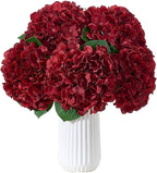 8Pcs Burgundy Fake Flowers Silk Hydrangea Artificial Flowers Bouquets Faux Hydrangea Stems for Home Table Centerpieces Wedding Party Decoration