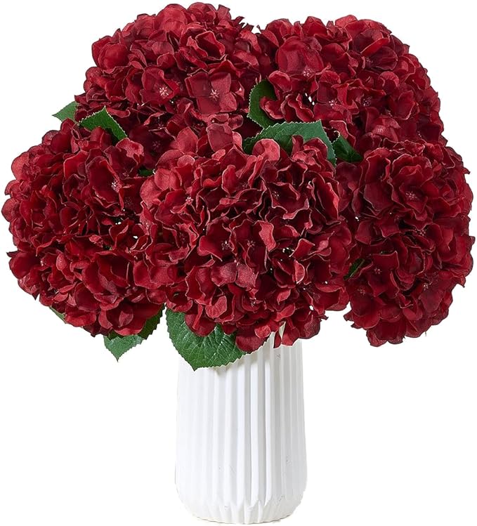 8Pcs Burgundy Fake Flowers Silk Hydrangea Artificial Flowers Bouquets Faux Hydrangea Stems for Home Table Centerpieces Wedding Party Decoration