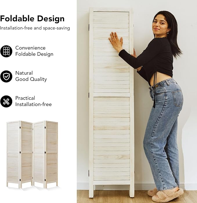 White Room Divider, Temporary Wall with Double Hinges, 5.6 Ft Tall Folding Louver Wood Screen for Home Office Bedroom Hotel Decoration (4 Panels, White-Washed)