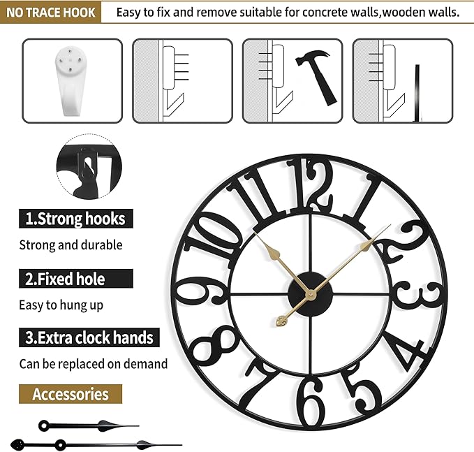 Large Wall Clock for Living Room Decor - 40cm/ 16 Inches Silent Non-Ticking Metal Wall Clocks Battery Operated, Vintage Decorative Modern Wall Clock for Bedroom, Office, Farmhouse Decor