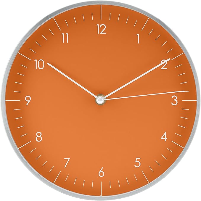 LUUK LIFESTYLE Silent Quartz Wall Clock, Modern and Minimalist Design, Without Ticking, 10” Kitchen Clock, for Living Room, Bedroom, Housewarming Gift, Orange and Silver