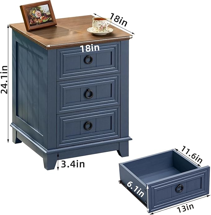18" Farmhouse Night Stands Set of 2 with Charging Station, 2 & 3 Drawers End Table Dresser for Bedroom, Blue Wooden Nightstand, Bed Side Table with Open Shelf, Bedside Cabinet for Living Room