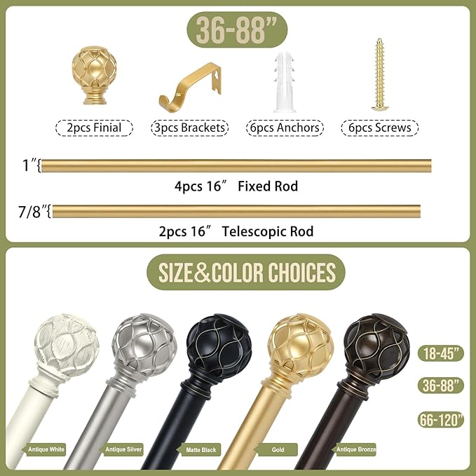 Gold Adjustable Curtain Rods for Windows:36-88 Inch Farmhouse Heavy Duty Curtain Rod for Bedroom Living Room,Boho Decorative Rustic Drapery Rods with Vintage Coastal Texture Finial,Brass Gold