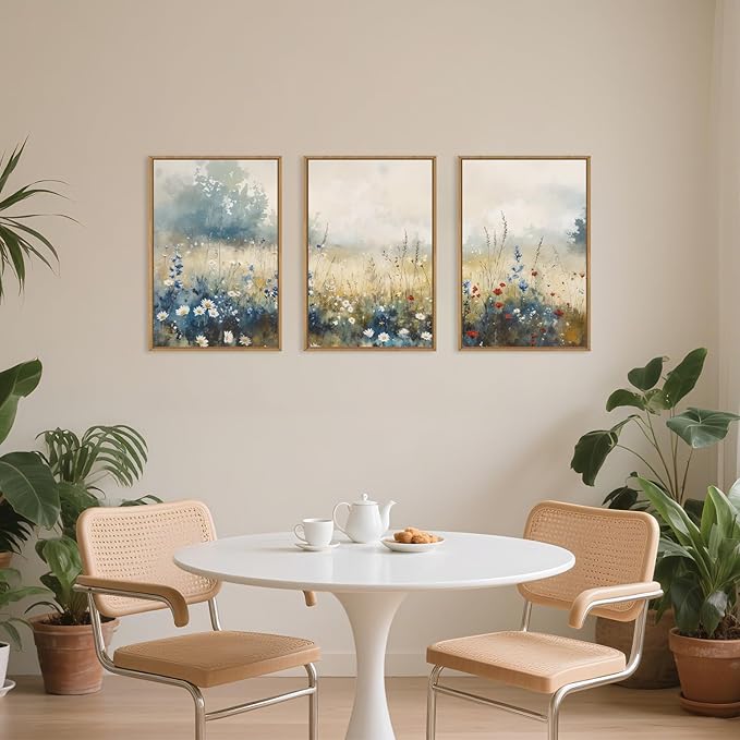 Celestdeco Nature Wildflower Framed Canvas Wall Art Set, Pastoral Landscape Wall Decor, Colorful Meadow Wall Painting, Rustic Floral Art Print for Living Room, Bedroom, Office - 24"X36"X3