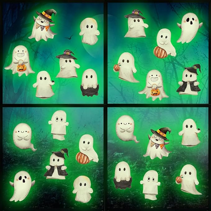 Clothmile Glow in The Dark Halloween Ghost Window Clings, Green Luminous Double-Side Window Stickers for Party Decorations, Home, School, Glass