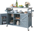 Outdoor Kitchen Island, Rolling Bar Cart & Storage Cabinet, Farmhouse Solid Wood Outdoor Grill Table with Stainless Steel Top, Spice Rack, Towel Rack for Kitchen & BBQ, Grey Blue